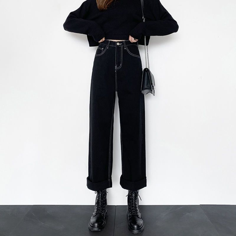Plus Size Fleece Padded Jeans High Waist Loose Wide Leg Pants