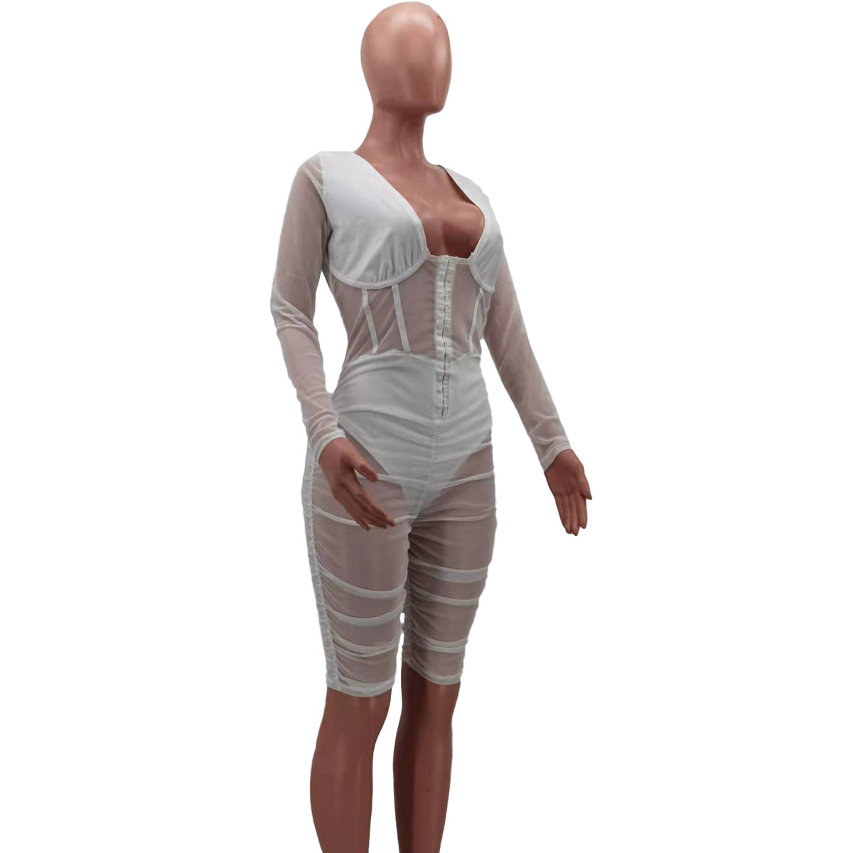 Mesh Panel Pleated Chest Wrap Casual Jumpsuit