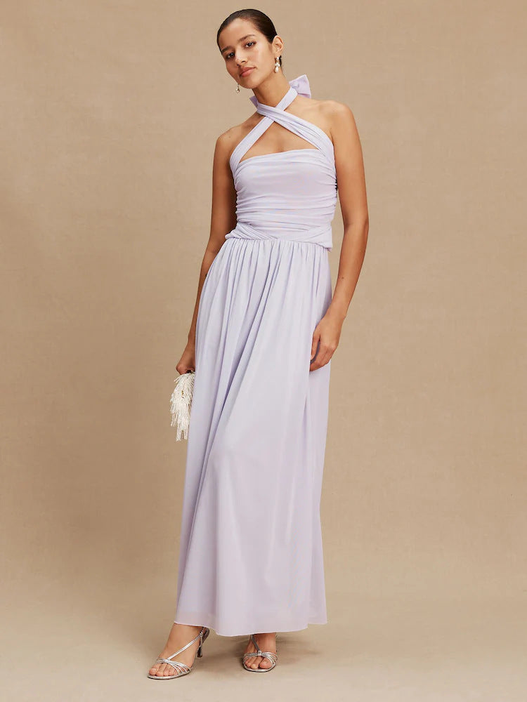 Pleated Solid-Colored Strap Three-Way Dress