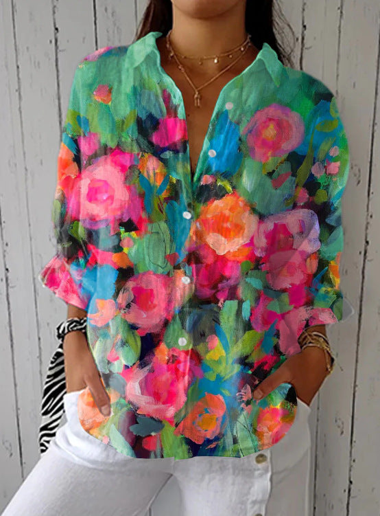 Womens Casual Long Floral-print Top