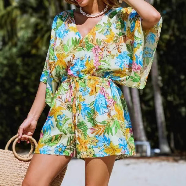 Casual New V-neck Printed Tie-waist Jumpsuit