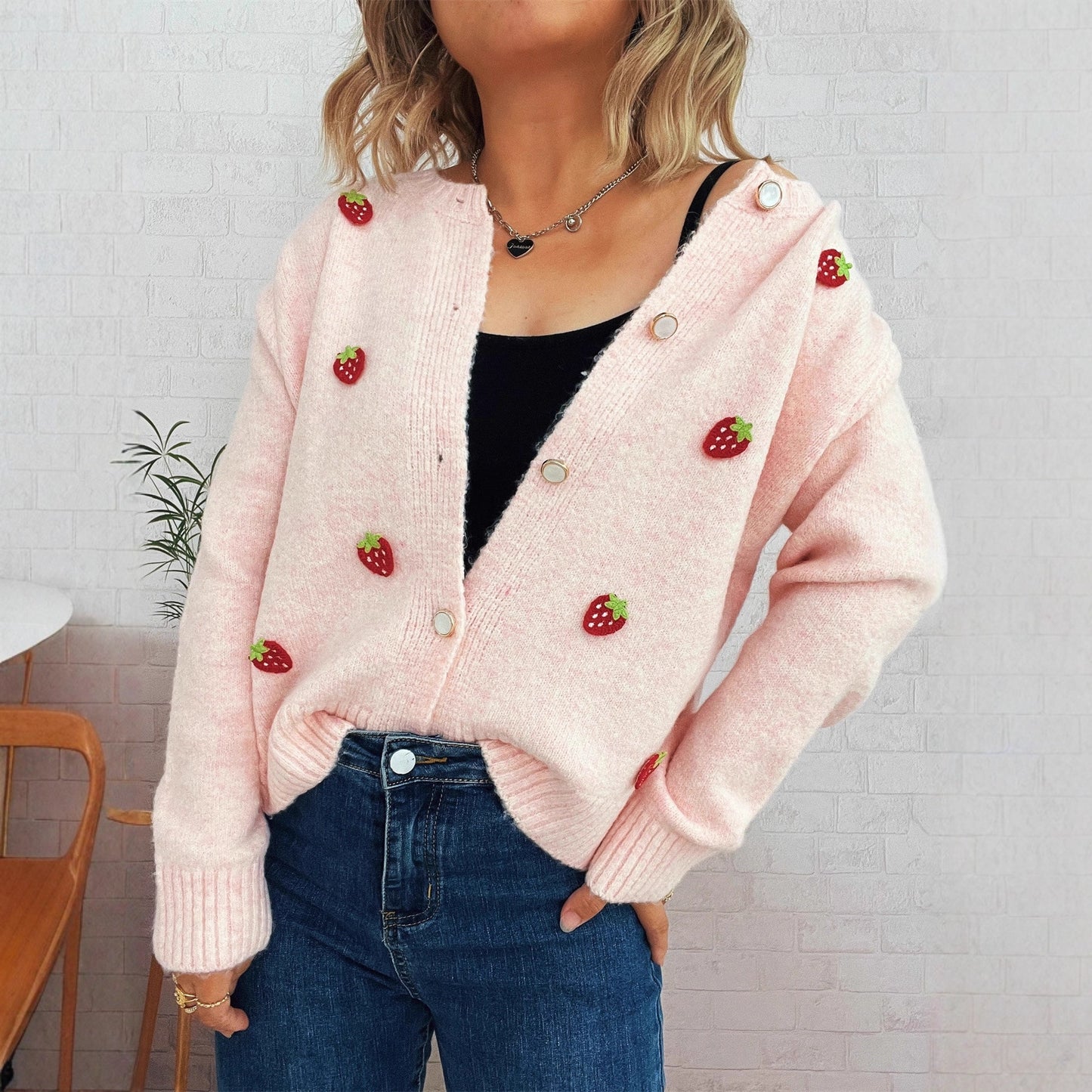 Cute Strawberry Jacquard Knitted Cardigan Round Neck Long Sleeve Sweater