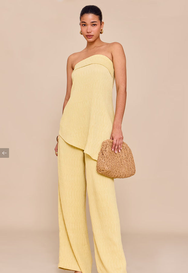 Womens Elegant Sexy Casual Loose Tube Top And Ice Silk Pleated Solid Color Straight Pants Set
