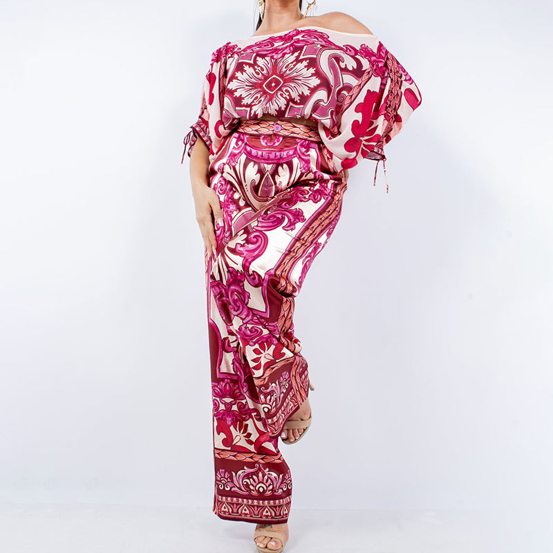 Fashionable Off Shoulder Long Sleeve Printed Set
