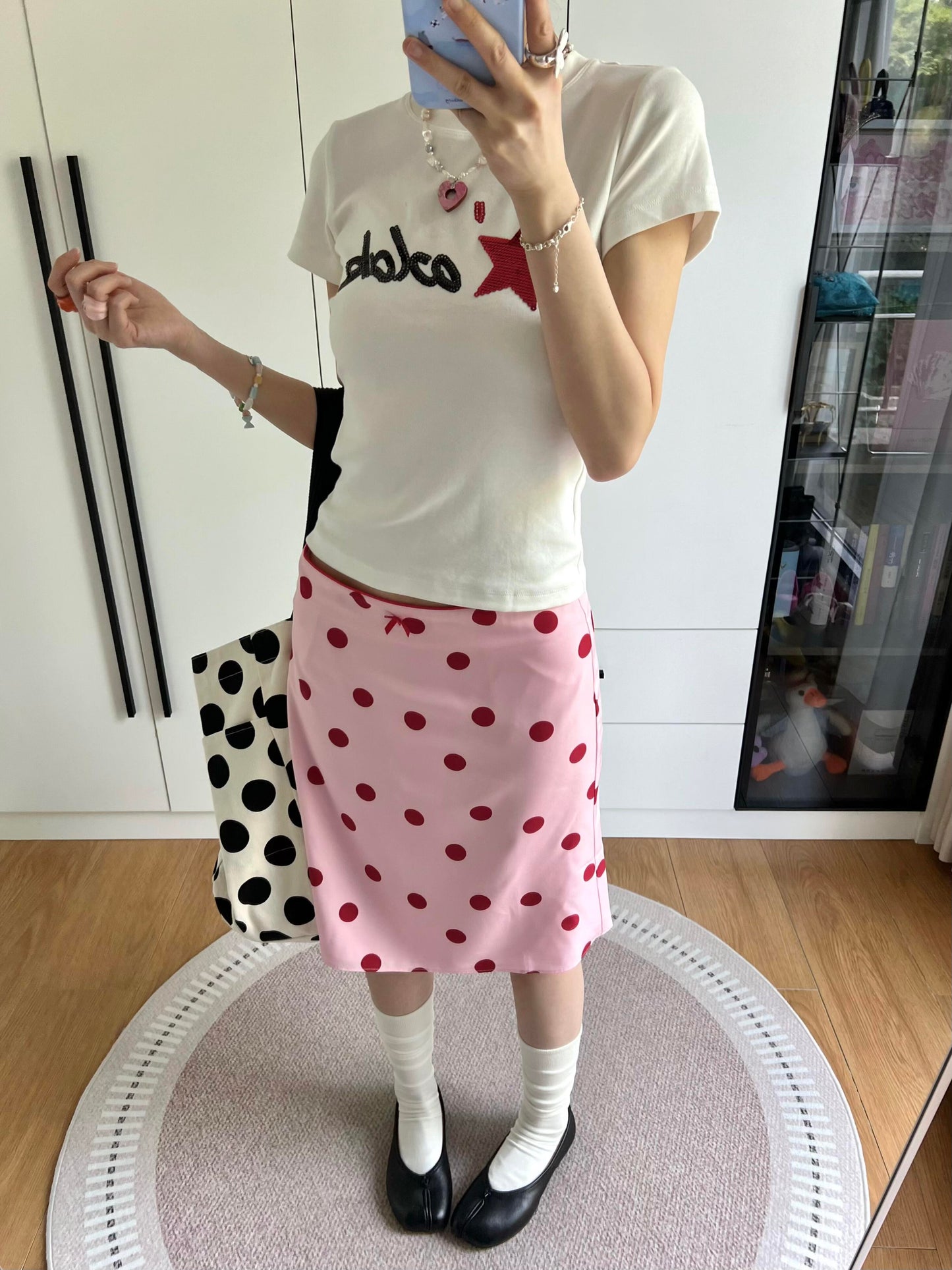 Red Wave Point Straight Skirt Women's Bow Mid Skirt