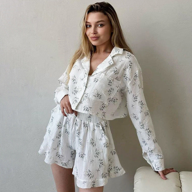 Printed Minimalist Light-Luxury Pajama Set With Long Sleeves And Shorts