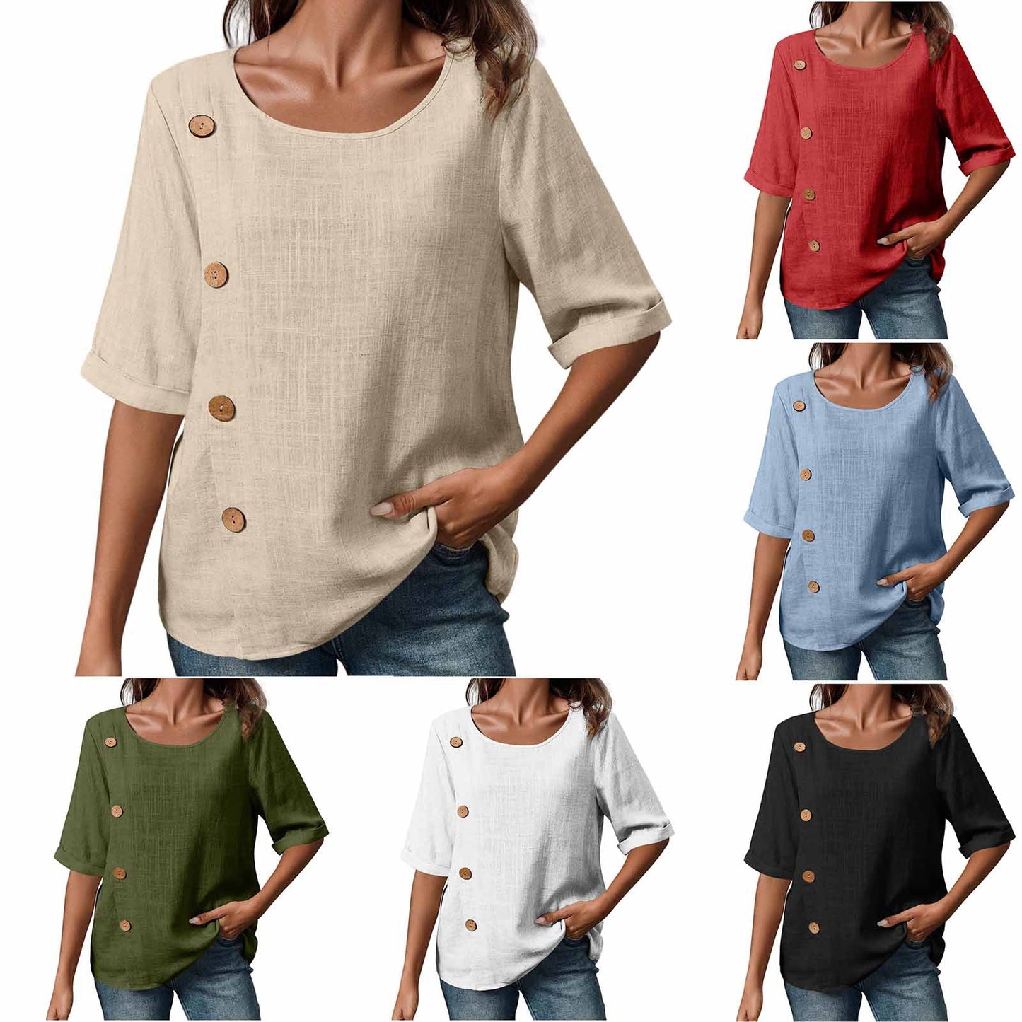 Womens Cotton-Linen Button-Up Fashion Casual Top