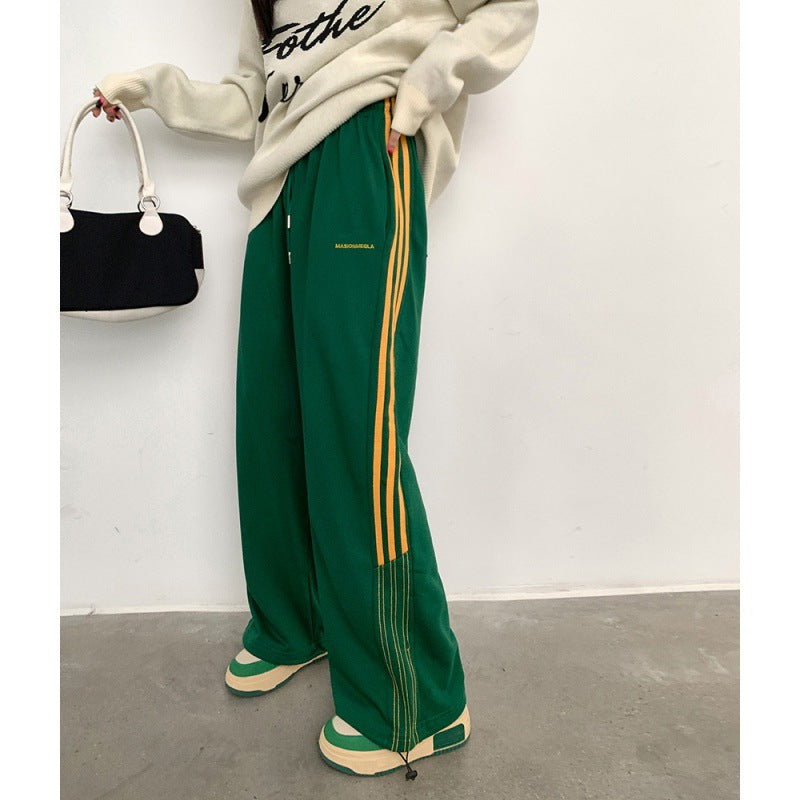 Green Mopping Wide Leg Stripes With A Loose And Drooping Feel