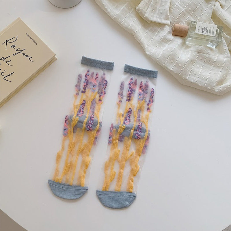 Spring And Summer Ultra-thin Breathable Retro Large Flower Spun Glass Mid-calf Socks Crystal Long Socks