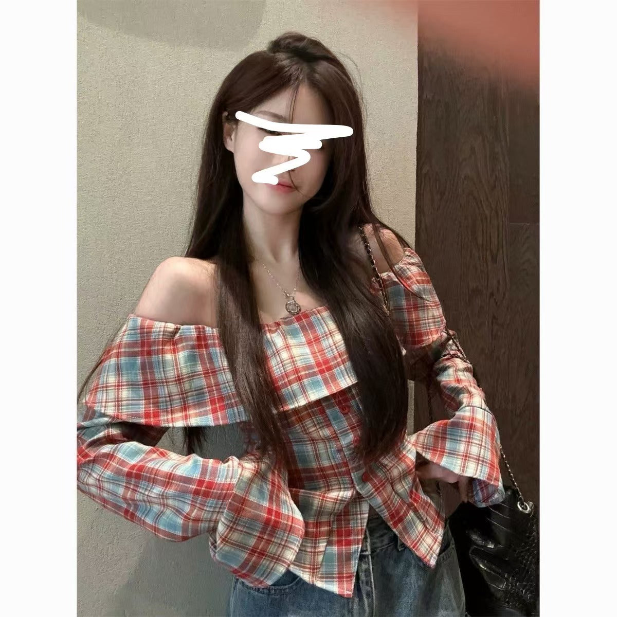 Ruffled Plaid Shirt Off-neck Off-the-shoulder Flared Sleeves