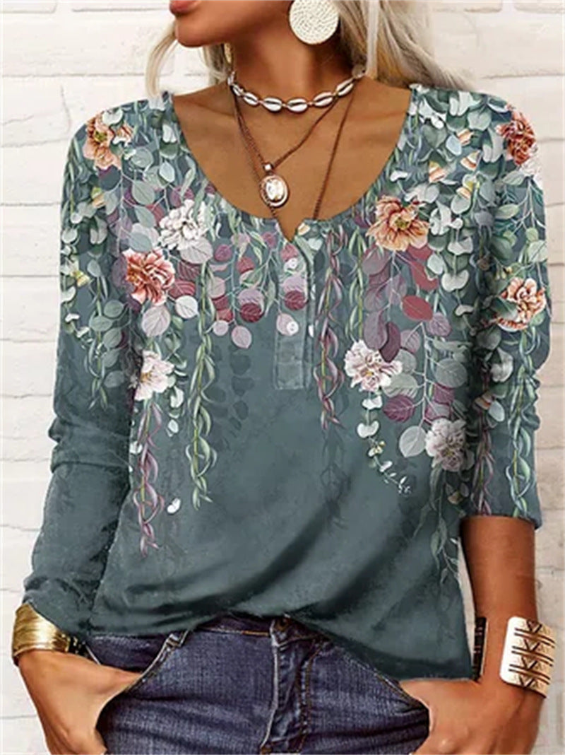 Women's Long-Sleeve Printed V-Neck Loose T-Shirt