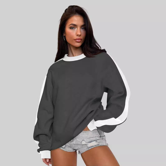 Dame sweatshirt med rund hals og farvekontrast