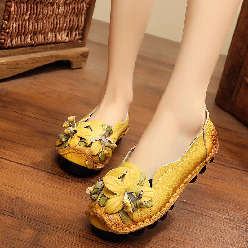 Genuine Leather Ethnic Shallow Mouth Soft Sole Mother Shoes