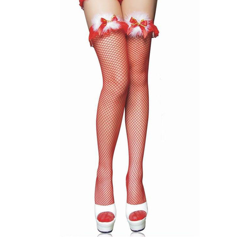 Red Yarn Edge Fishnet Long Tube Christmas Garter With Bells And Feathers