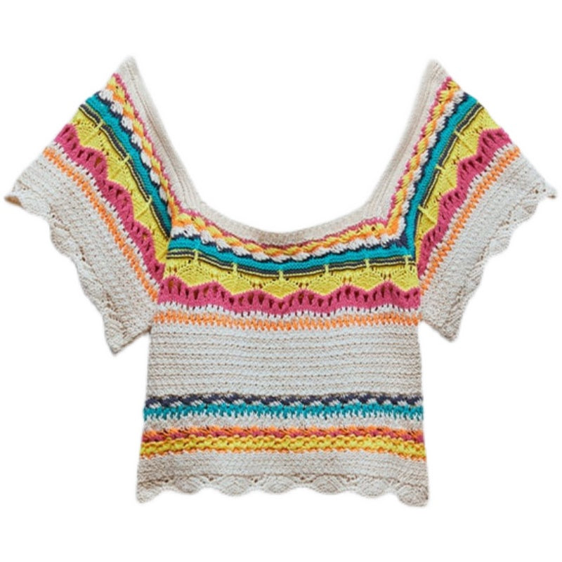 Women's Colorblock Striped Knit Hollow Short Sleeves