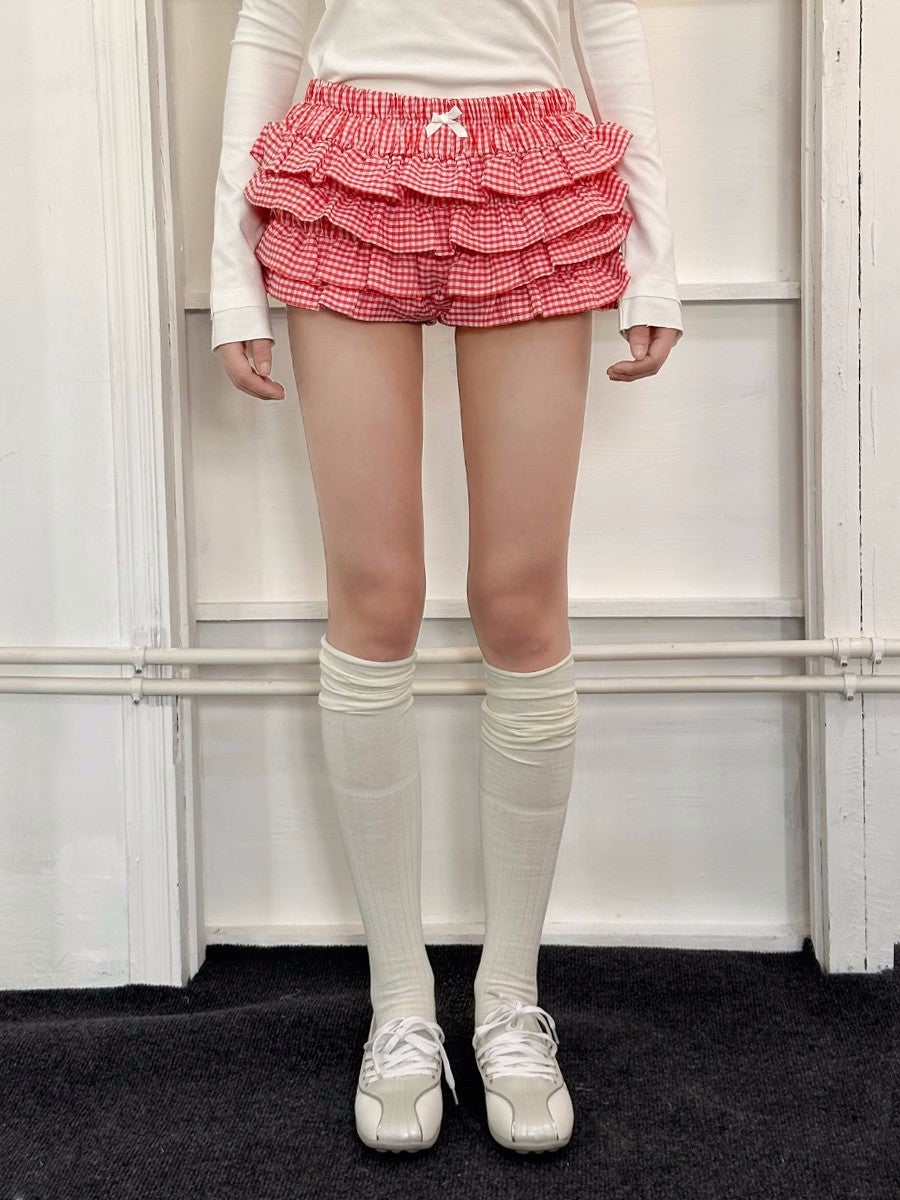 Sweet Refreshing Low Waist Multi-layer Wave Lace Bubble Cotton Plaid Cake Dress