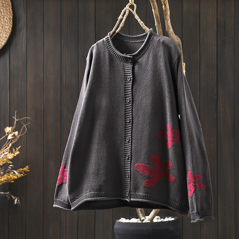 Women's Loose Retro Flower Contrasting Cotton Knit Cardigan