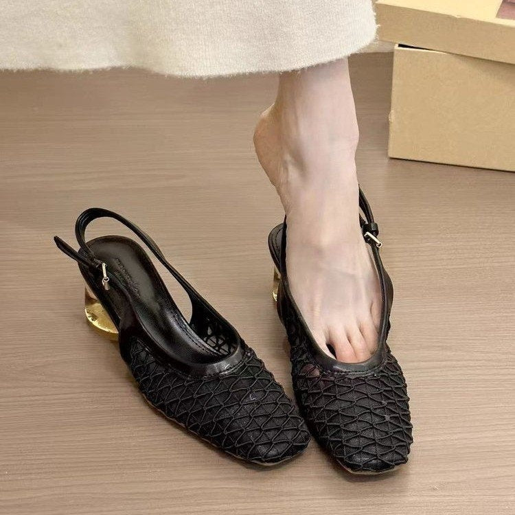 French Retro Square Toe Mesh Hollow Block Heel Mary Jane Sandals For Women