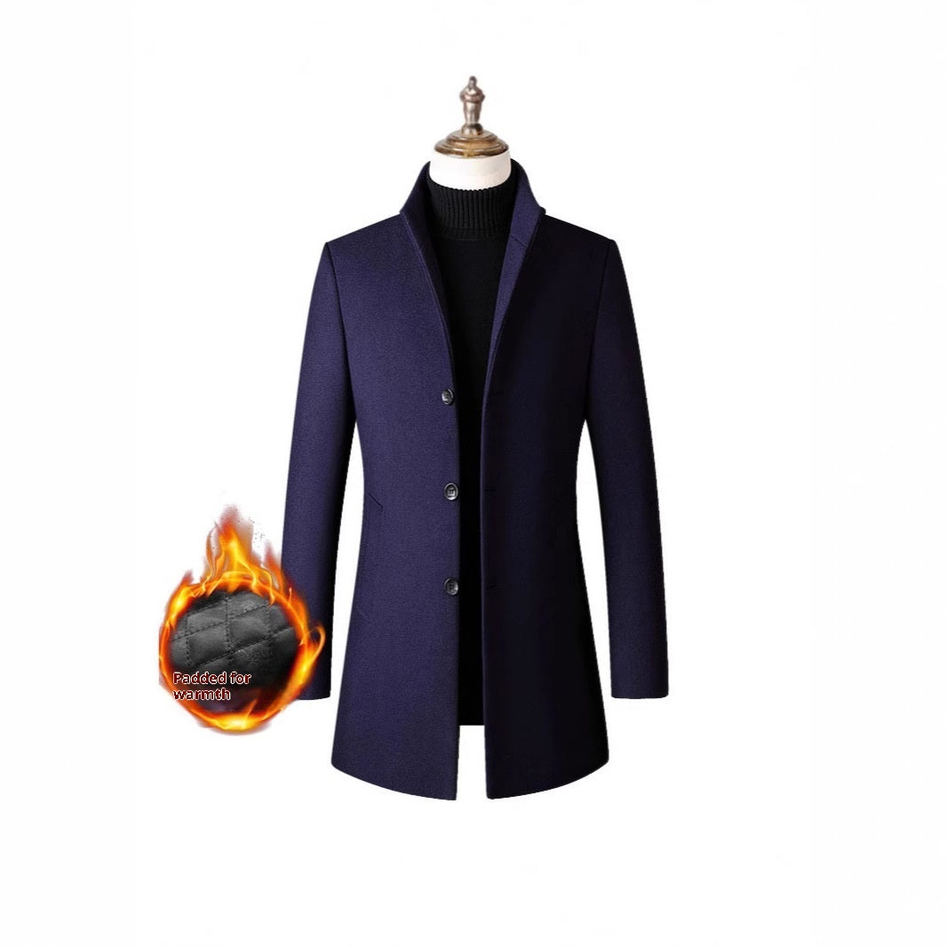 European And American Single-breasted Stand Collar Coat Cotton Padded Men's Trench Coat Woolen Coat