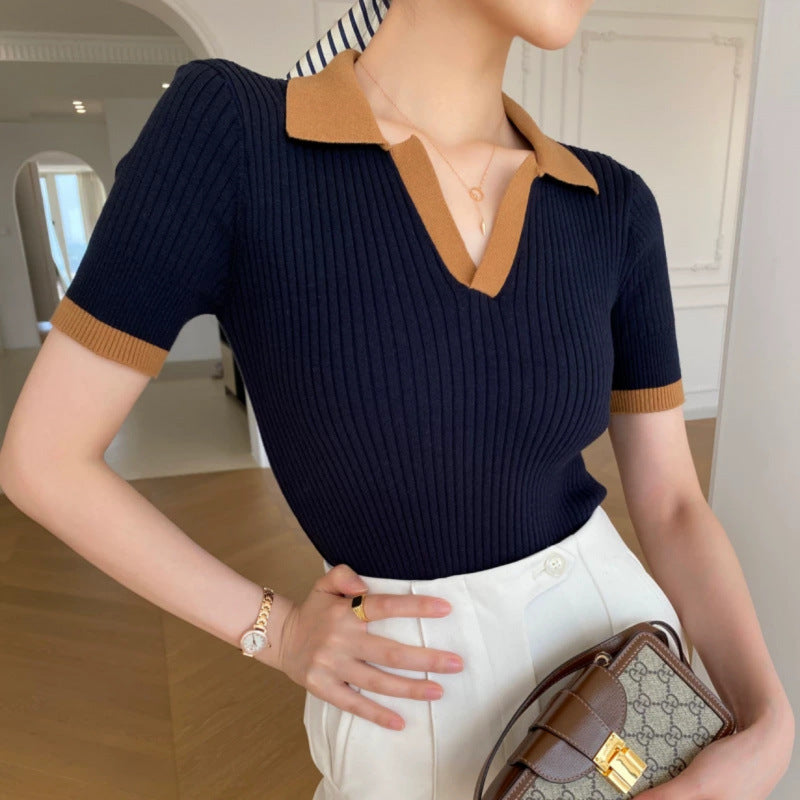 Women's French Retro Color Effect Collar Knitted Short Sleeve
