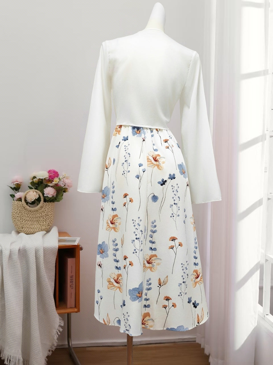 Elegant Floral Spaghetti Strap Dress Slim White Floral Pure Print Set