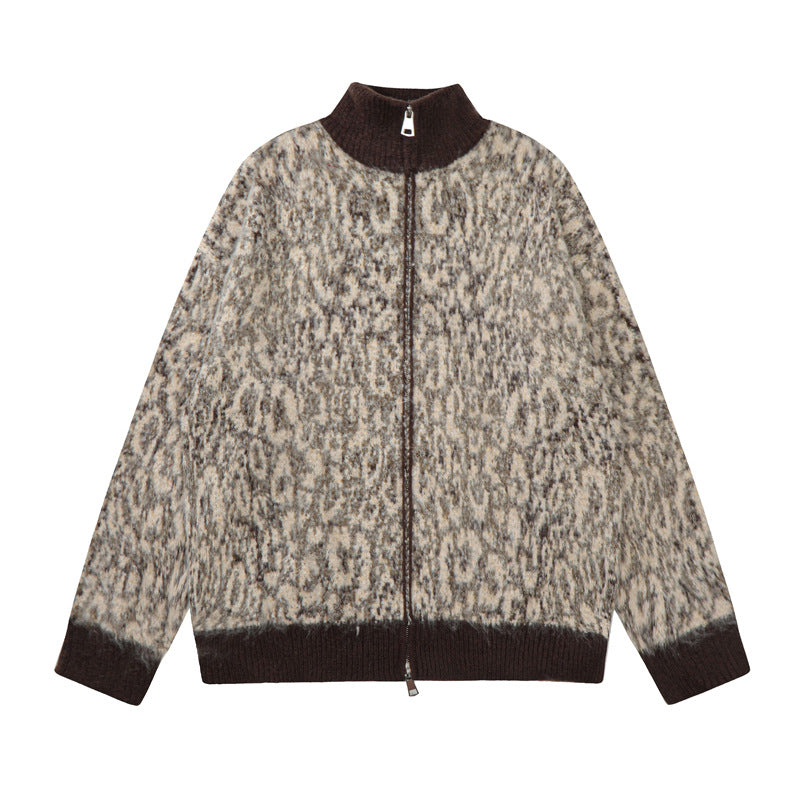 Double-headed Zipper Leopard Cardigan Sweater American Retro