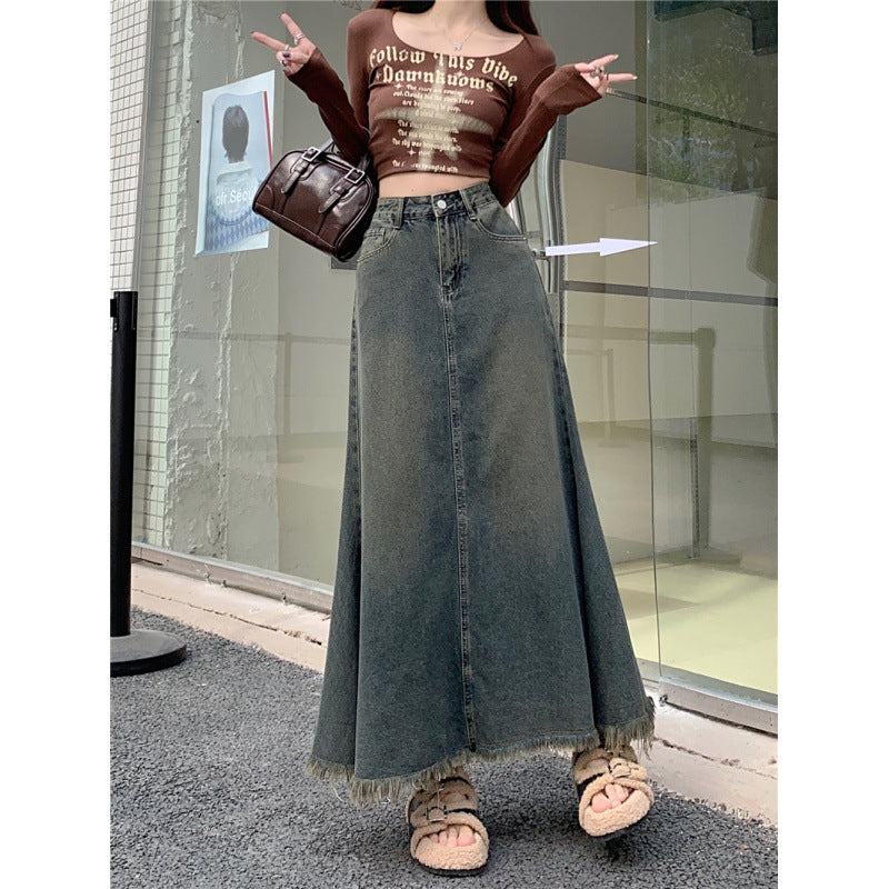 Autumn High Waist Retro Denim A- Line Overall Dress