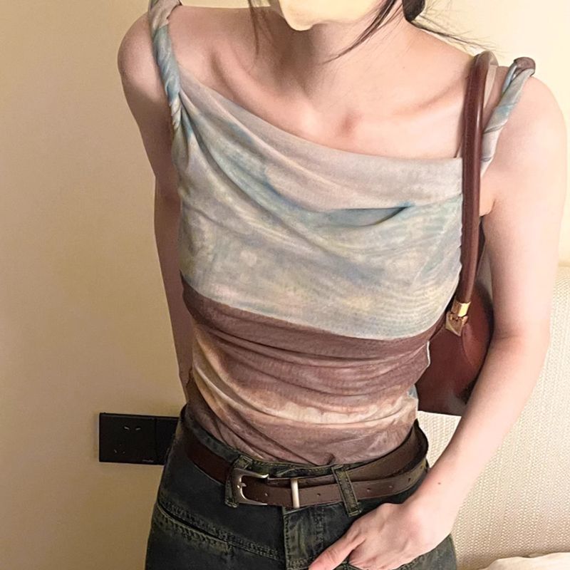Blooming Abstract Oil Painting Mesh Irregular Spaghetti-strap Vest