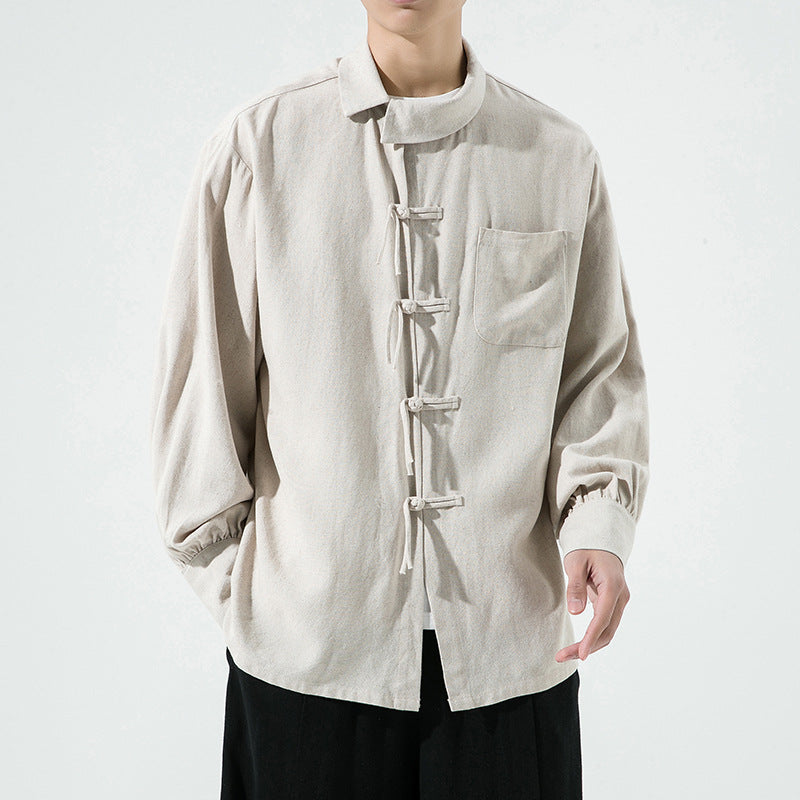 Vintage Linen Men's Casual Long-sleeved Shirt Oversized Frog Button Hanfu