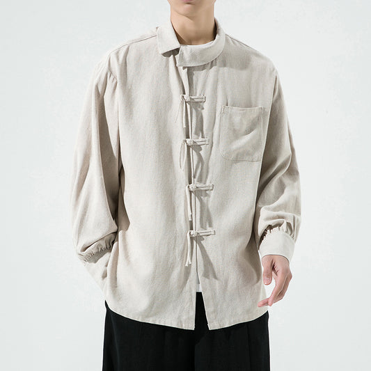 Vintage Linen Men's Casual Long-sleeved Shirt Oversized Frog Button Hanfu