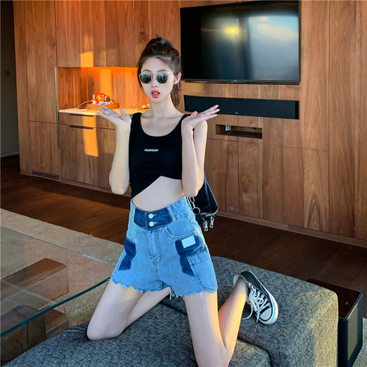 Reverse High Waist Raw Edge Contrast Loose Wide Leg Denim Shorts