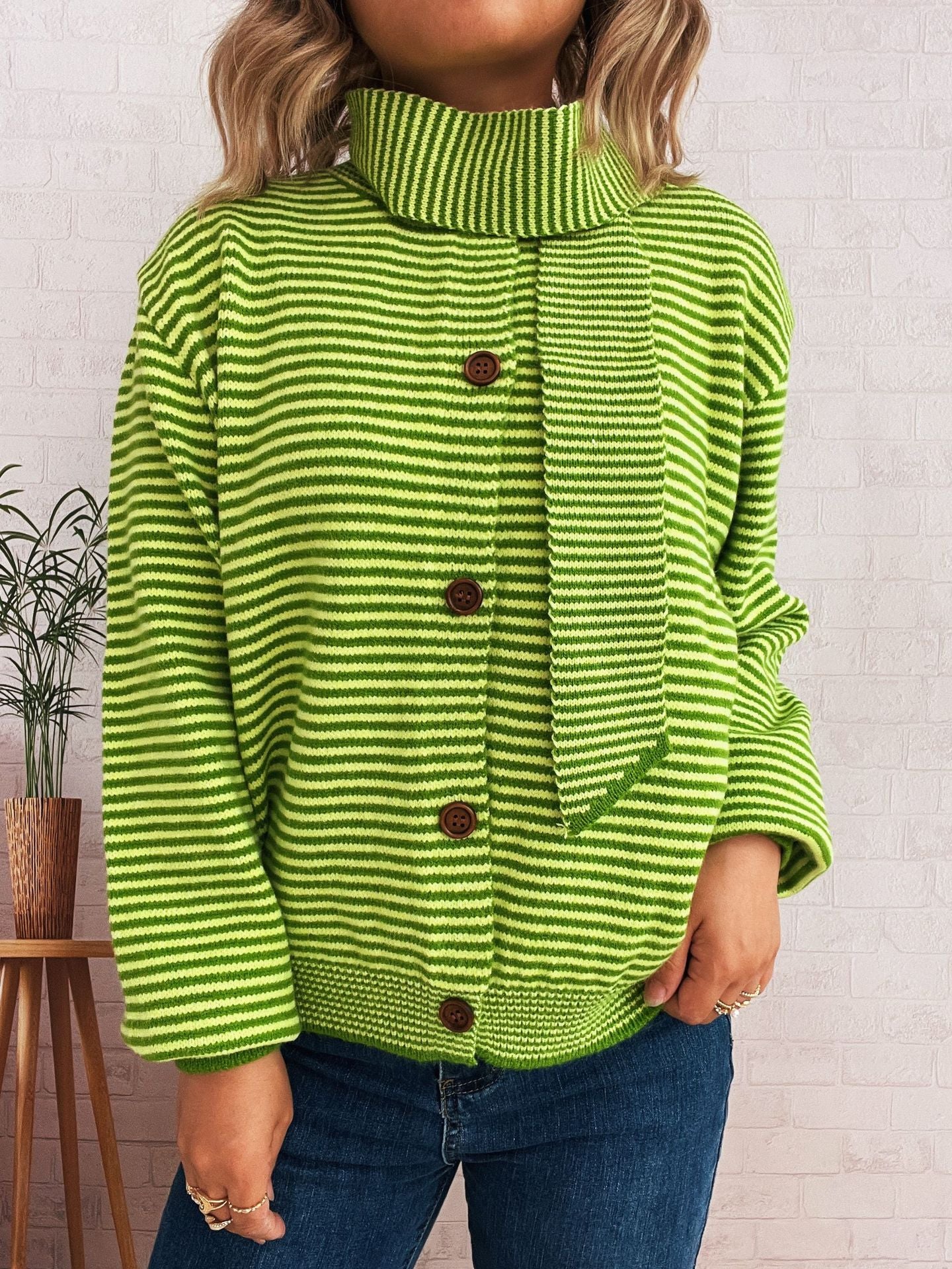 Elegant Retro Pinstripe Single-breasted Scarf Knitted Cardigan Sweater