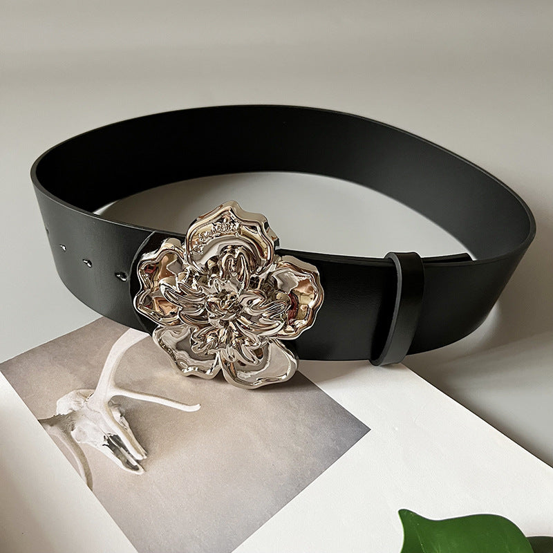 Wide Black Belt With Floral Silver Buckle