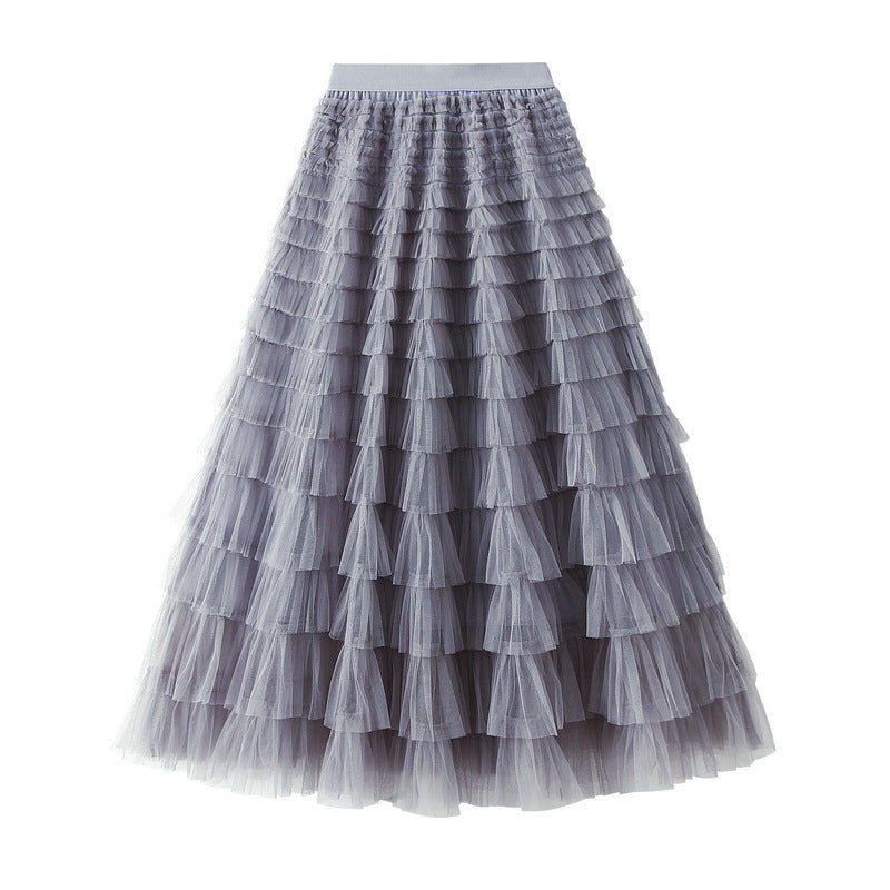 Line Mesh Ruffle Skirt Women's Temperament Sweet Long Skirt Slim Cupcake Dress Womens Clothing