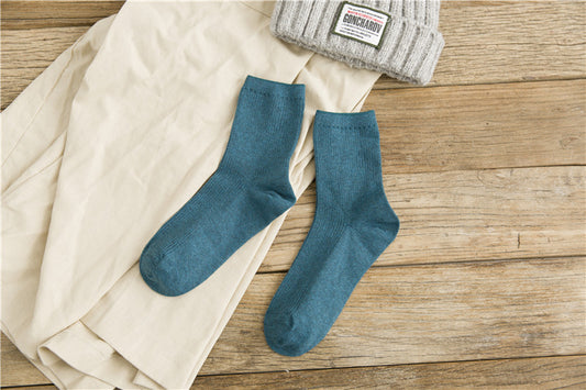 Japanese Retro Solid Color Double Needle Women's Mid-tube Cotton Socks