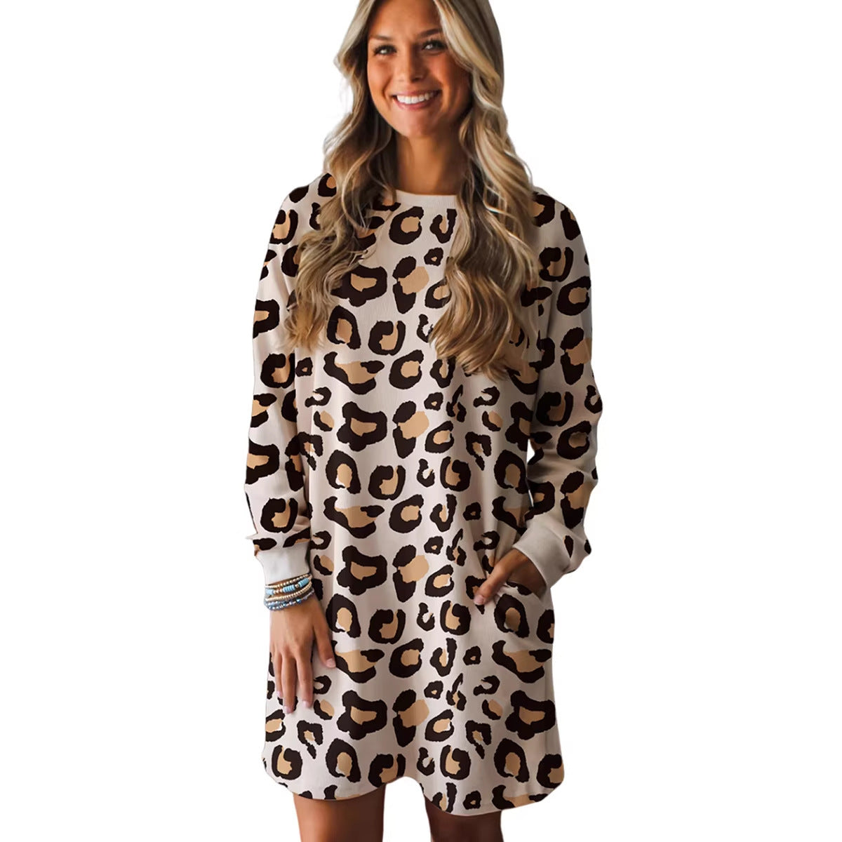 Womens Relaxed Casual Leopard-print Long-sleeve Dress