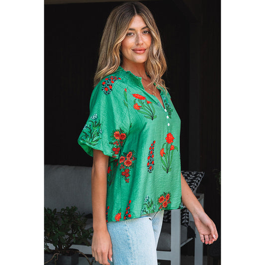 European And American Leisure Style Floral Print Loose Chiffon Shirt