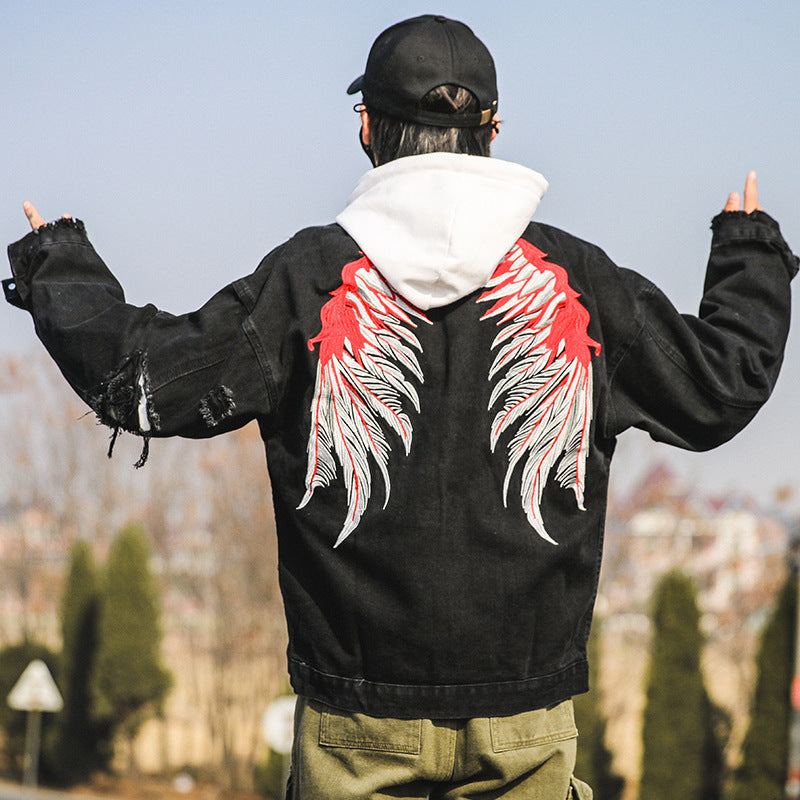 Wings Three-dimensional Embroidery Broken Holes Washed Youth Fashion Trend Denim Clothes