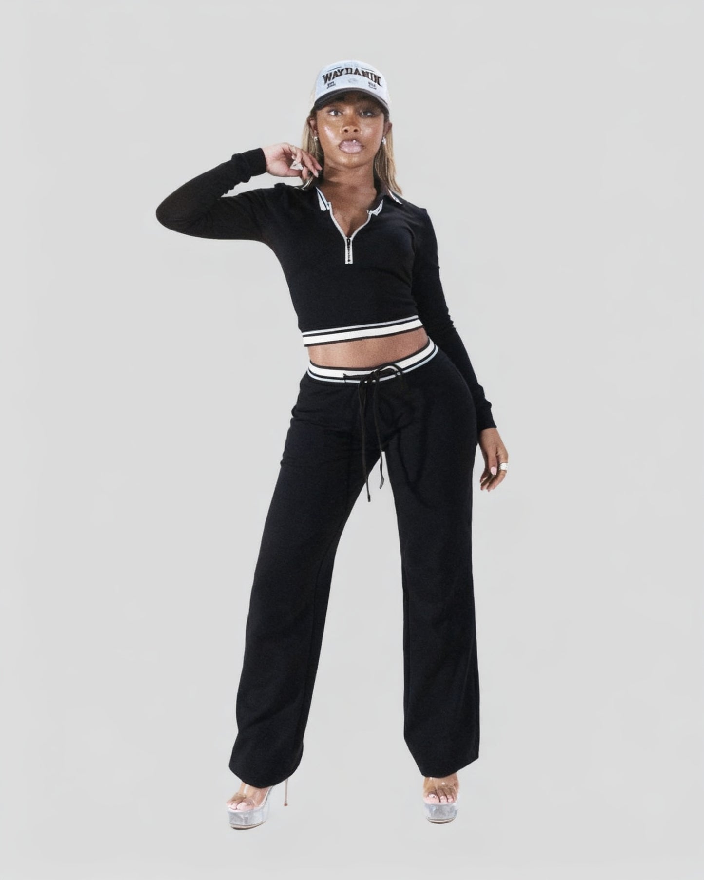 Fashionable Retro Streetwear Casual Long-Sleeve Color-Block Pants Set