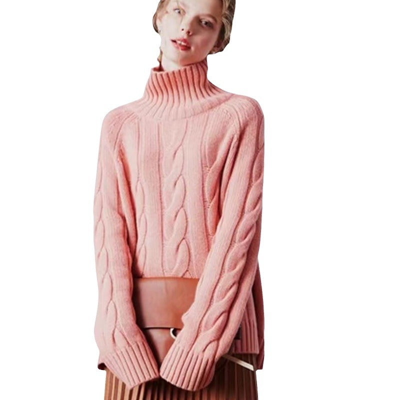 Women's High Neck Thickened Idle Style Pullover Cable-knit Sweater