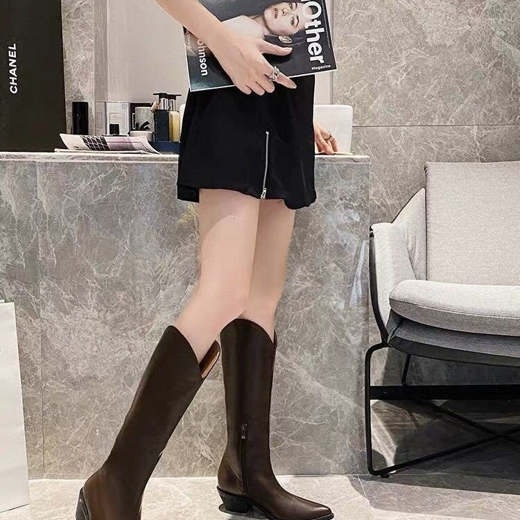Women's Thick-heeled Boots With White Retro High-heeled Pointed High Tube