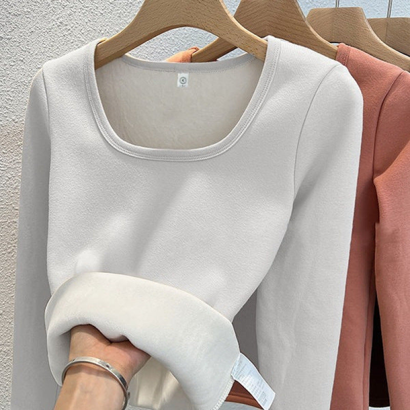 Fleece-lined Square Collar Bottoming Shirt Women's Keep Warm Pure Color Slim Fit
