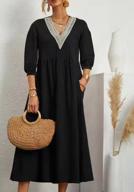 Solid-color Lantern-sleeve Loose Lace Dress