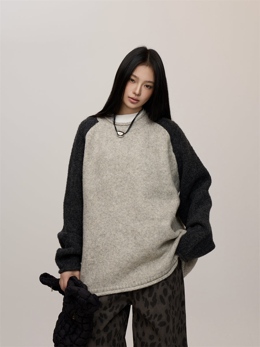 Contrast Color Idle Style Round Neck Sweater Women's Street Raglan Top