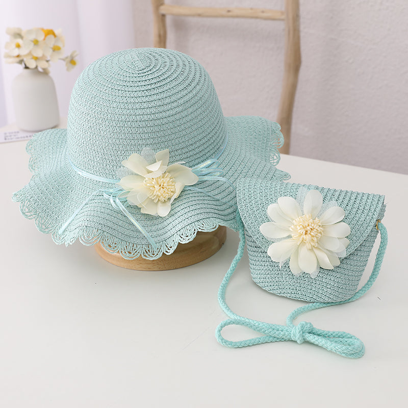 Children's Summer Sunshade Flower Princess Straw Hat Backpack Set