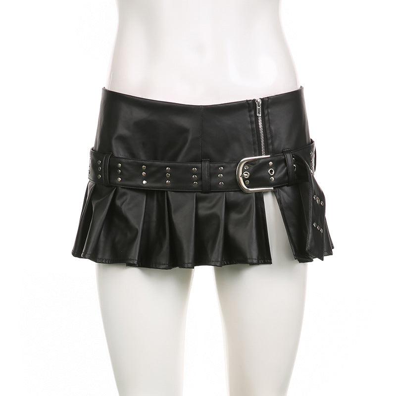 Punk Hot Girl Rivet Belt Split Leather Skirt Low Waist A- Line Style Pleated Skirt
