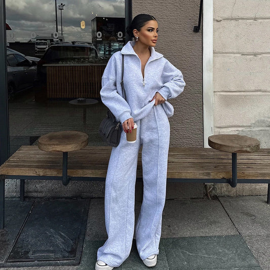 Casual Women's Fashion Half-zip Hoodie And Pants Two-piece Set Loose Casual Autumn And Winter Outfit