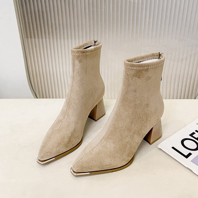 Vintage Chunky-heeled Suede Pointed-toe Ankle Bootsversatile