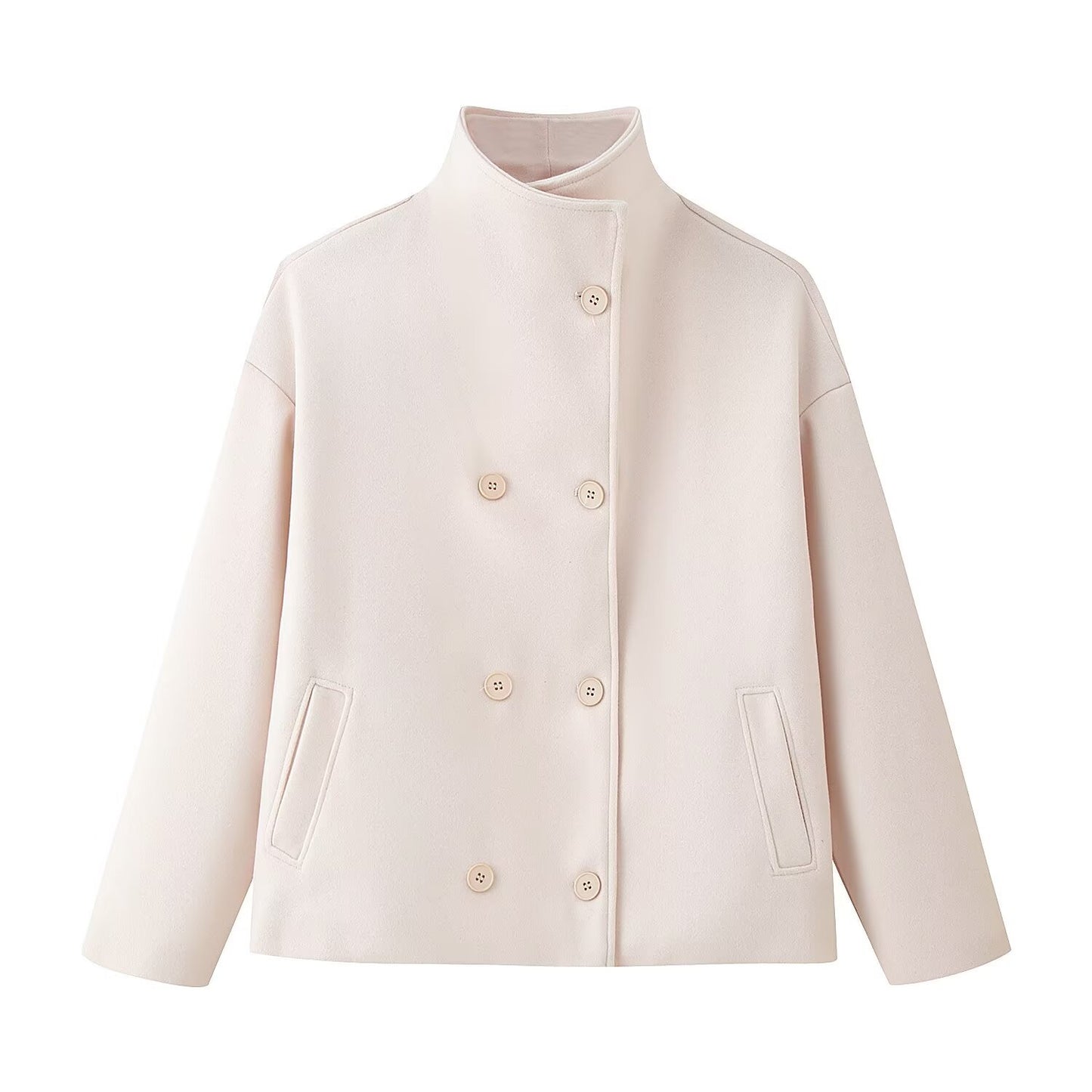 Womens Autumn Fashion Design Short Wool Coat With A Stand Collar And Double-Breasted Buttons