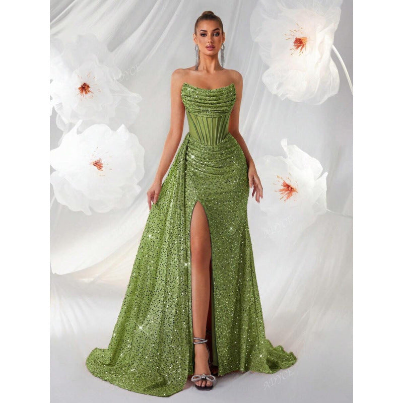 Womens Off-the-Shoulder Hollowed-Out Fishbone Pleated Dress